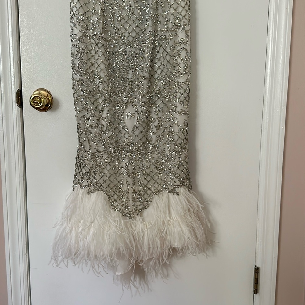 White silver feather gown!! Beautiful rich looking t-length dress.